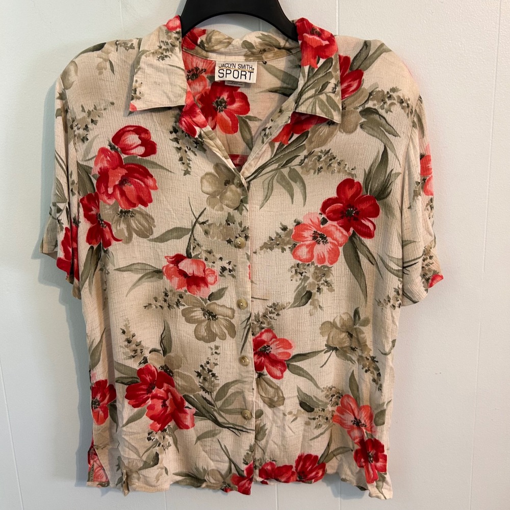 Jaclyn Smith Sport Womens Beige Red Floral Rayon Flax Button Down Shirt Size M
